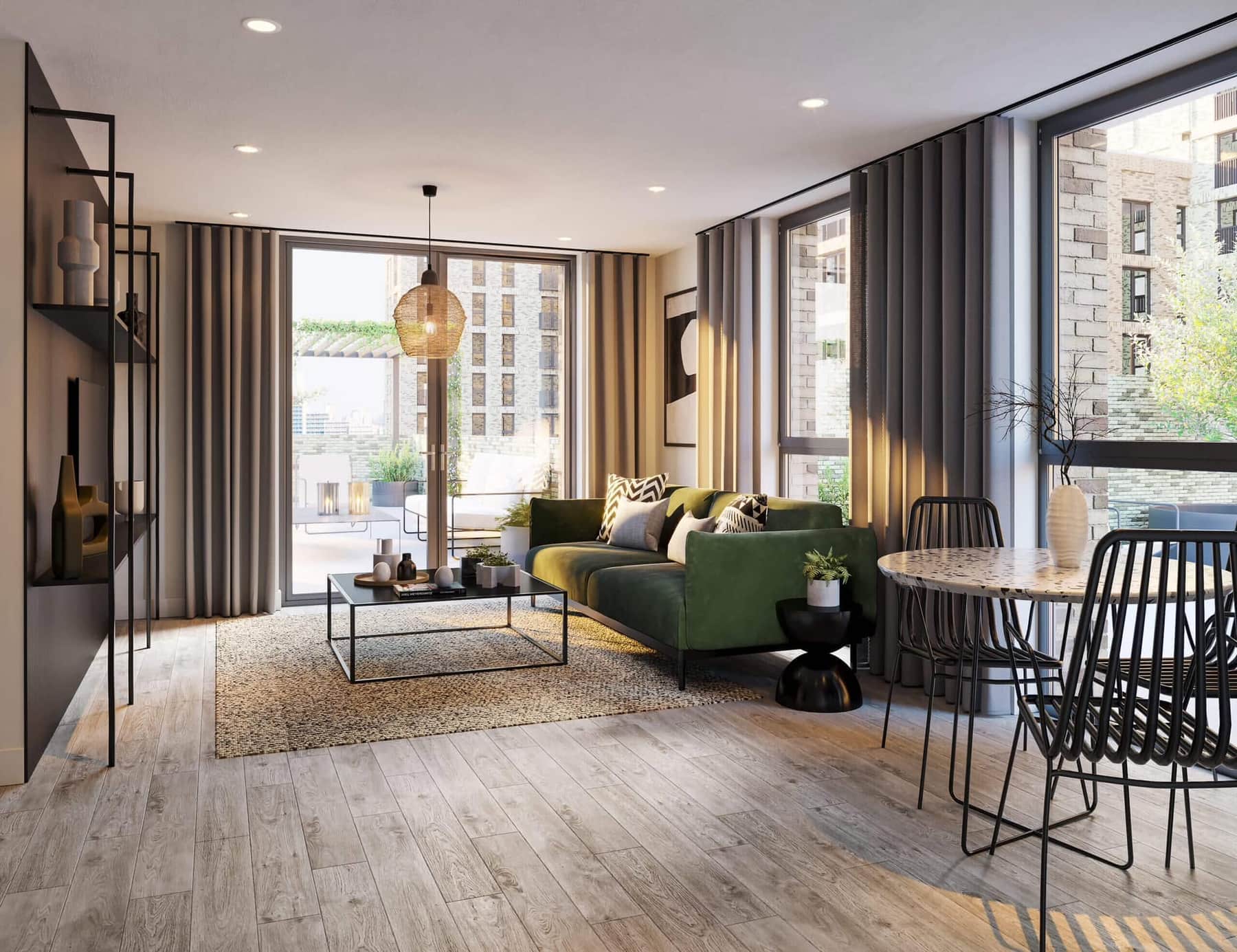 Computer-rendered living room in a new apartment, with a green sofa, a round dining table and tall windows