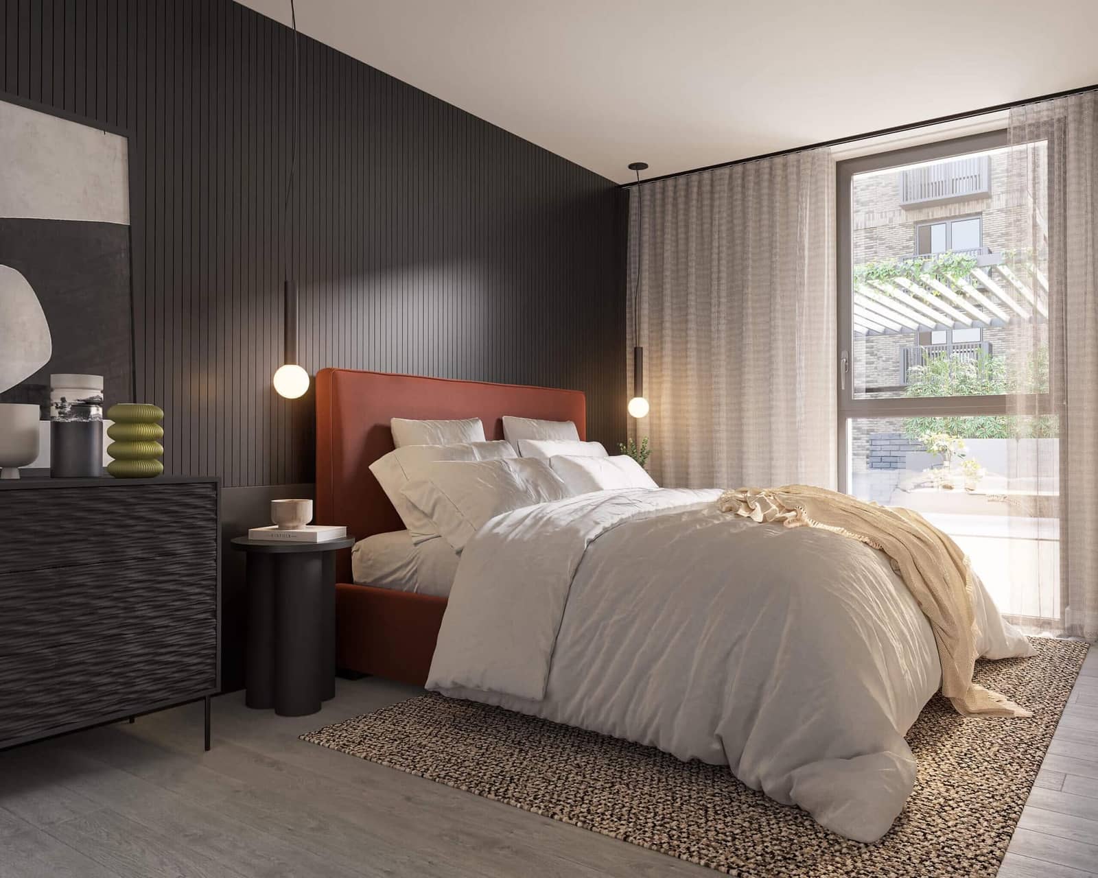 Computer-rendered apartment bedroom with a red headboard and tall windows