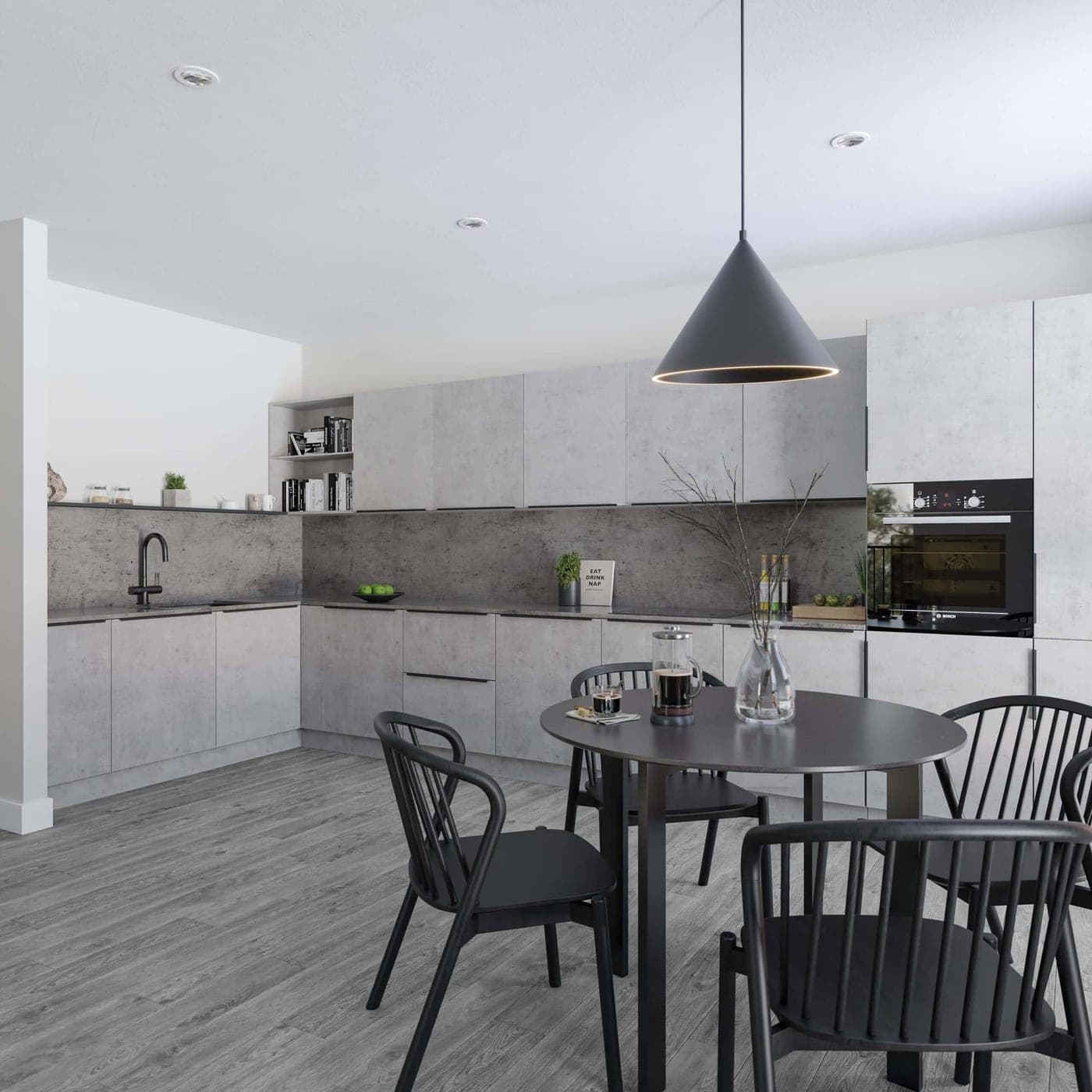Computer-rendered grey kitchen with a round dining table and black chairs