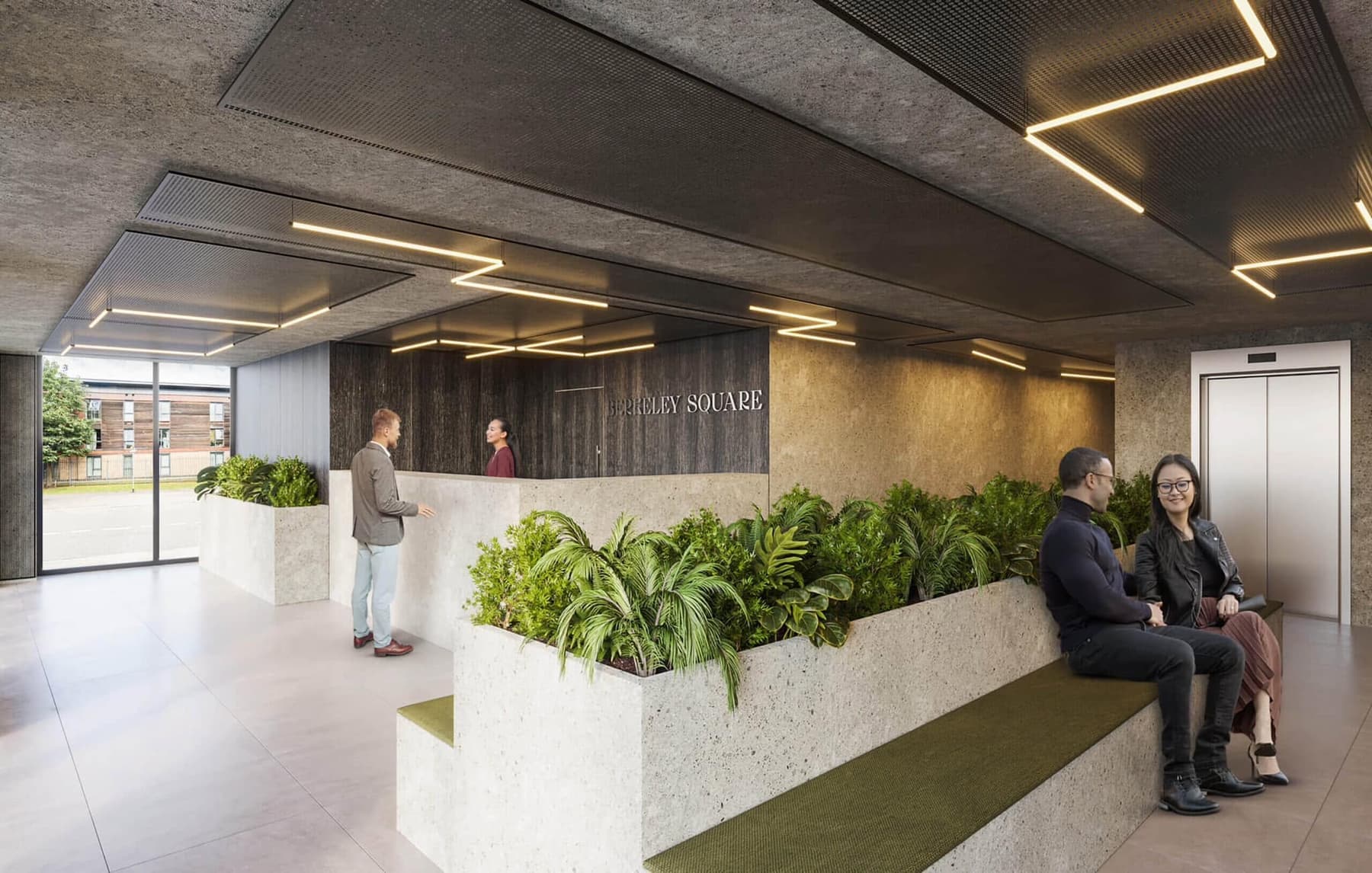 Computer-rendered reception area with planters and a timber-clad desk