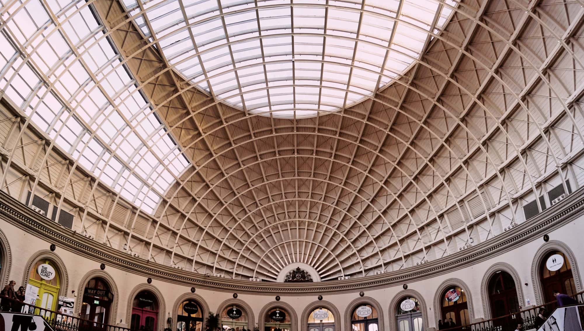 The glazed oval dome of the Leeds Corn Exchange, above a ring of arched windows